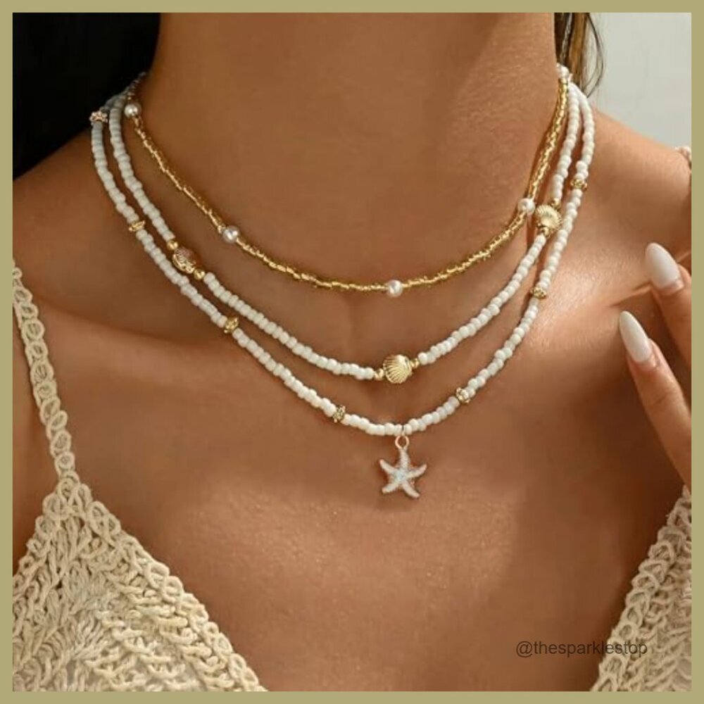 14k Gold Plated Boho Layered Beaded Charm Pendant Necklace - Picture 2 of 7